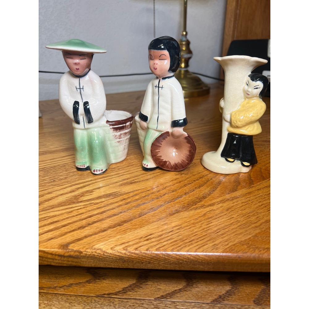 Vintage California Pottery 3pc Lot MCM Orientalia Ceramic Figurines 1950s Decor